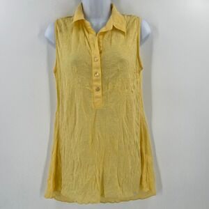 SNOSKINS Yellow Textured Button Neck Sleeveless Tunic Top Size M